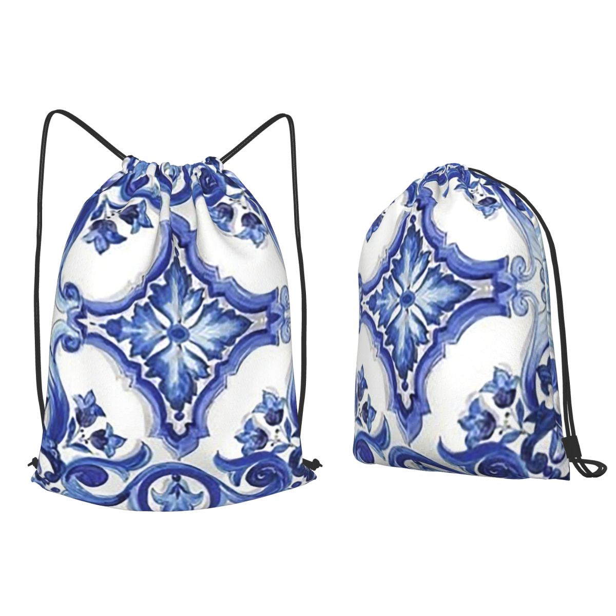Tile Bag Drawstring - Mavi Süslü Çiçekli Akdeniz Sicilya Karo