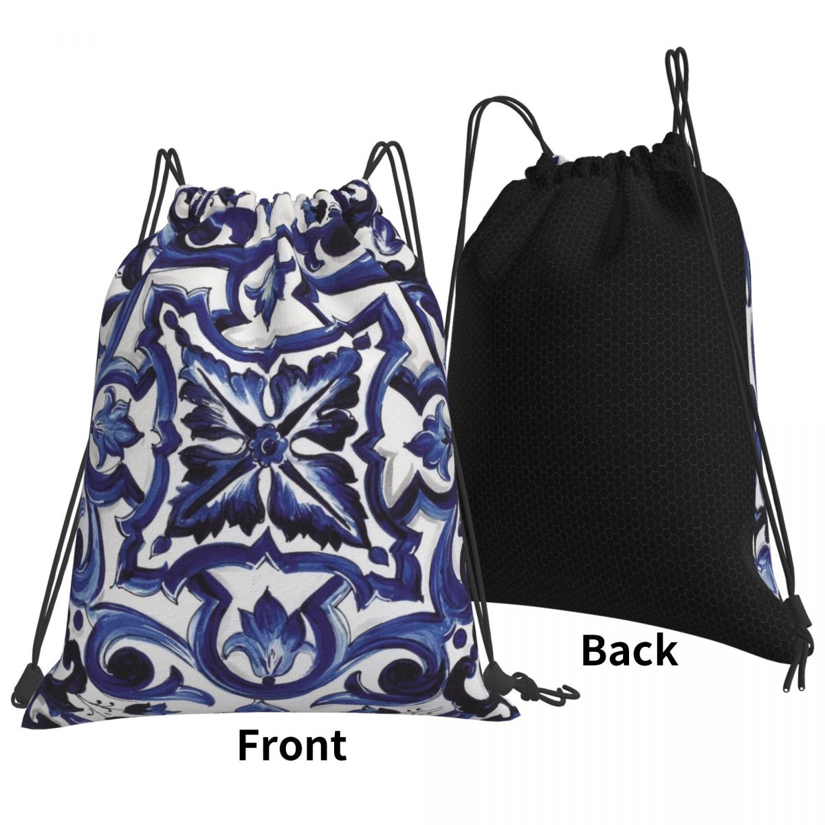 Tile Bag Drawstring - Mavi Süslü Çiçekli Akdeniz Sicilya Karo
