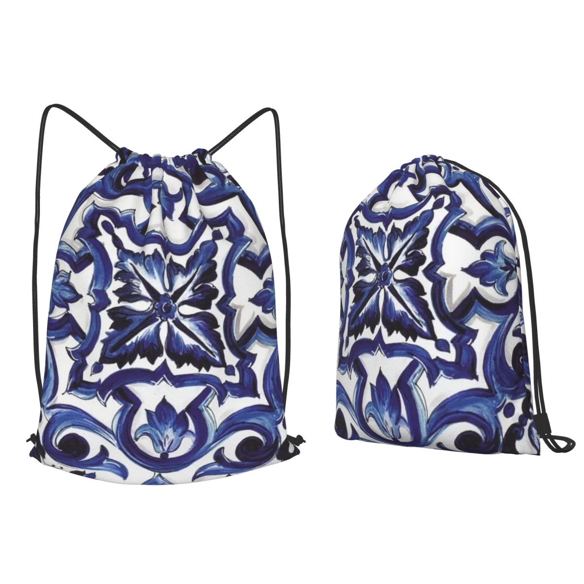 Tile Bag Drawstring - Mavi Süslü Çiçekli Akdeniz Sicilya Karo