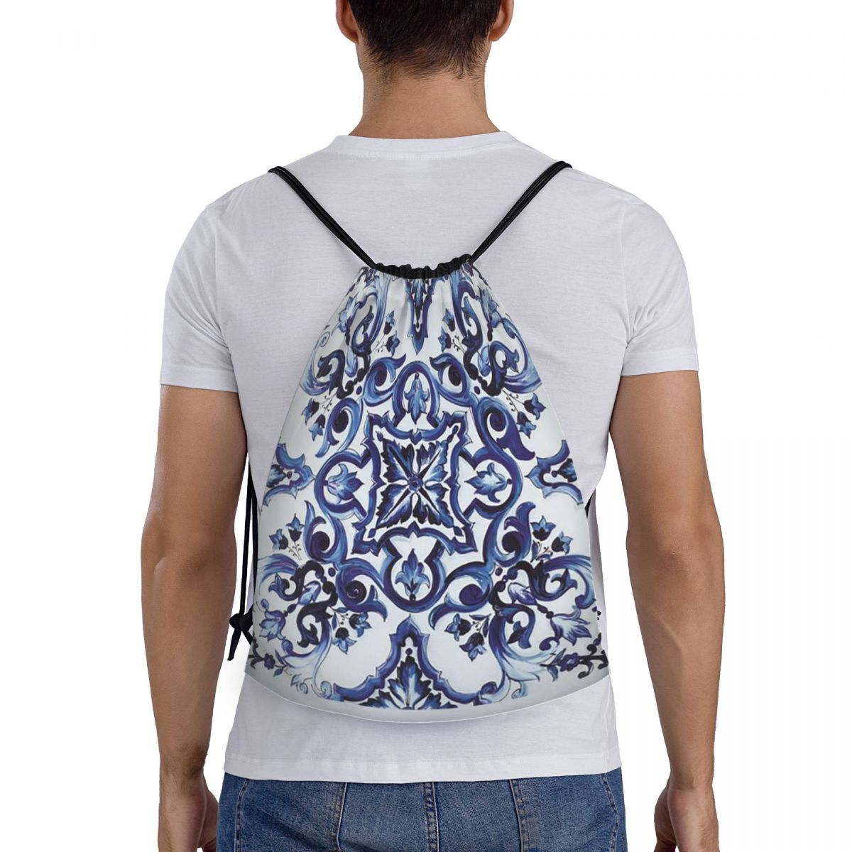 Tile Bag Drawstring - Mavi Süslü Çiçekli Akdeniz Sicilya Karo