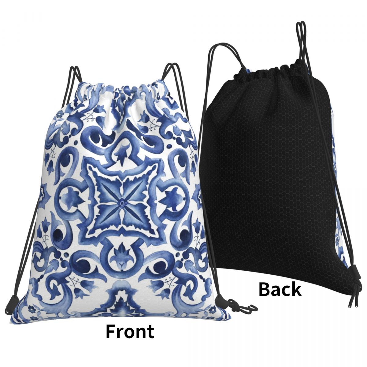 Tile Bag Drawstring - Mavi Süslü Çiçekli Akdeniz Sicilya Kiremit