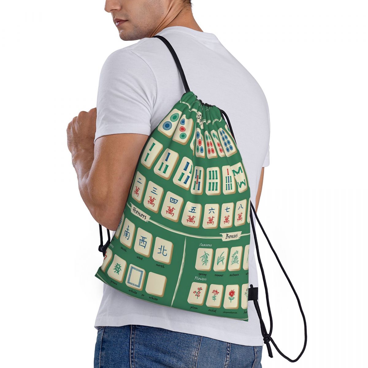 Tile Bag Drawstring - Mahjong Karo Desenli Sırt Çantaları Taşınabilir