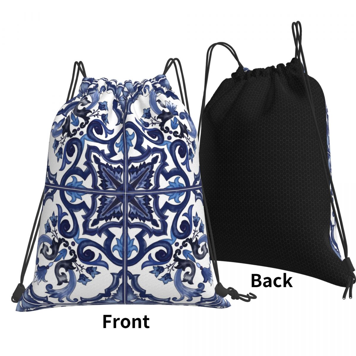 Tile Bag Drawstring - Mavi Süslü Çiçekli Akdeniz Sicilya Kiremit