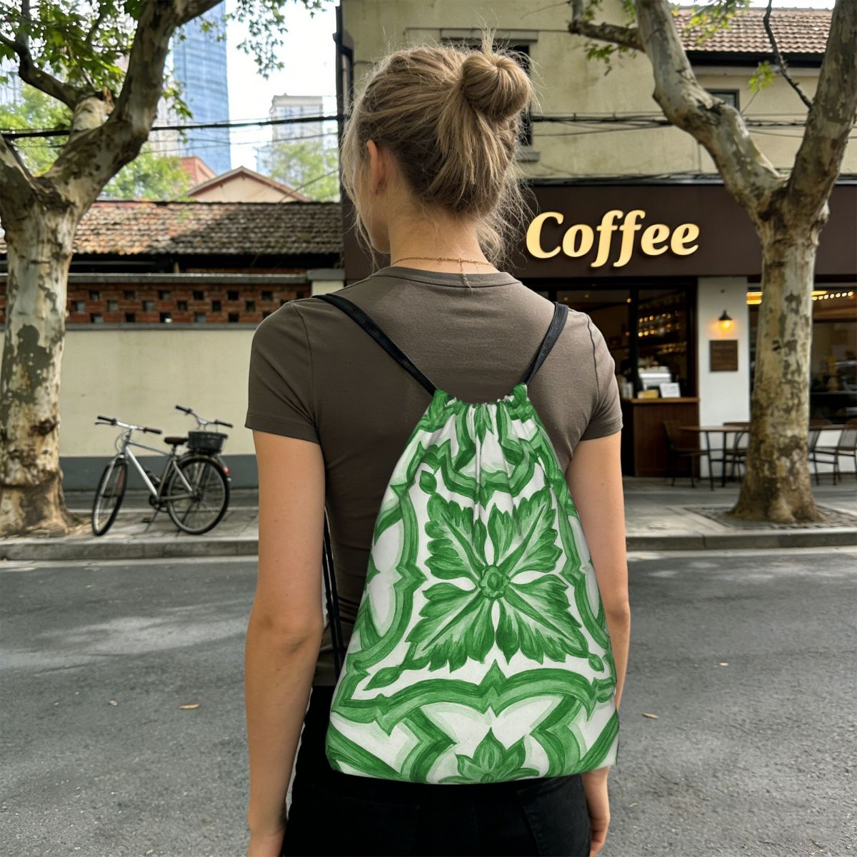Tile Bag Drawstring - Yeşil Süslü Çiçekli Akdeniz Sicilya Karo