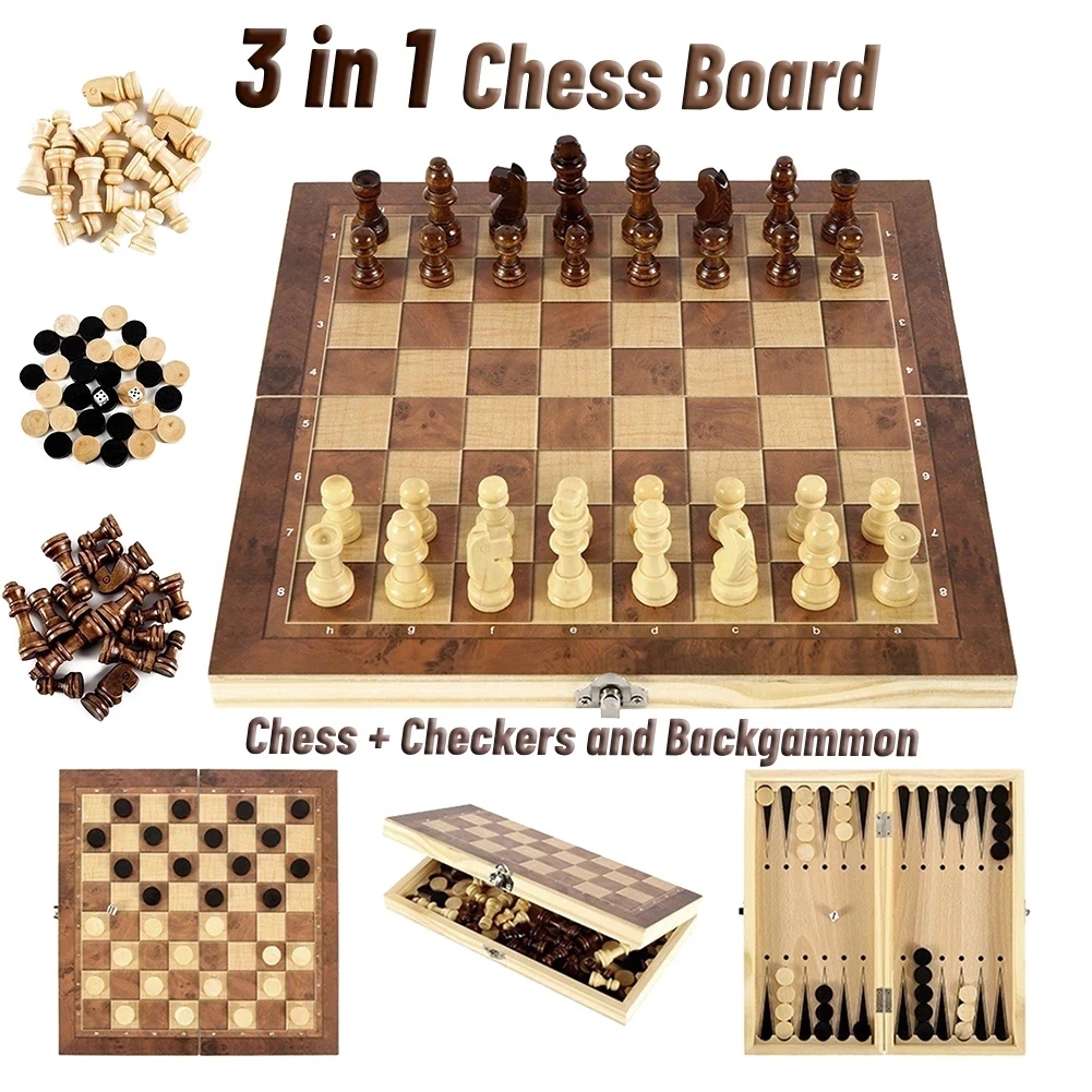 Magnetic Travel Chess - 3'ü 1 Arada Ahşap Dama, Tavla