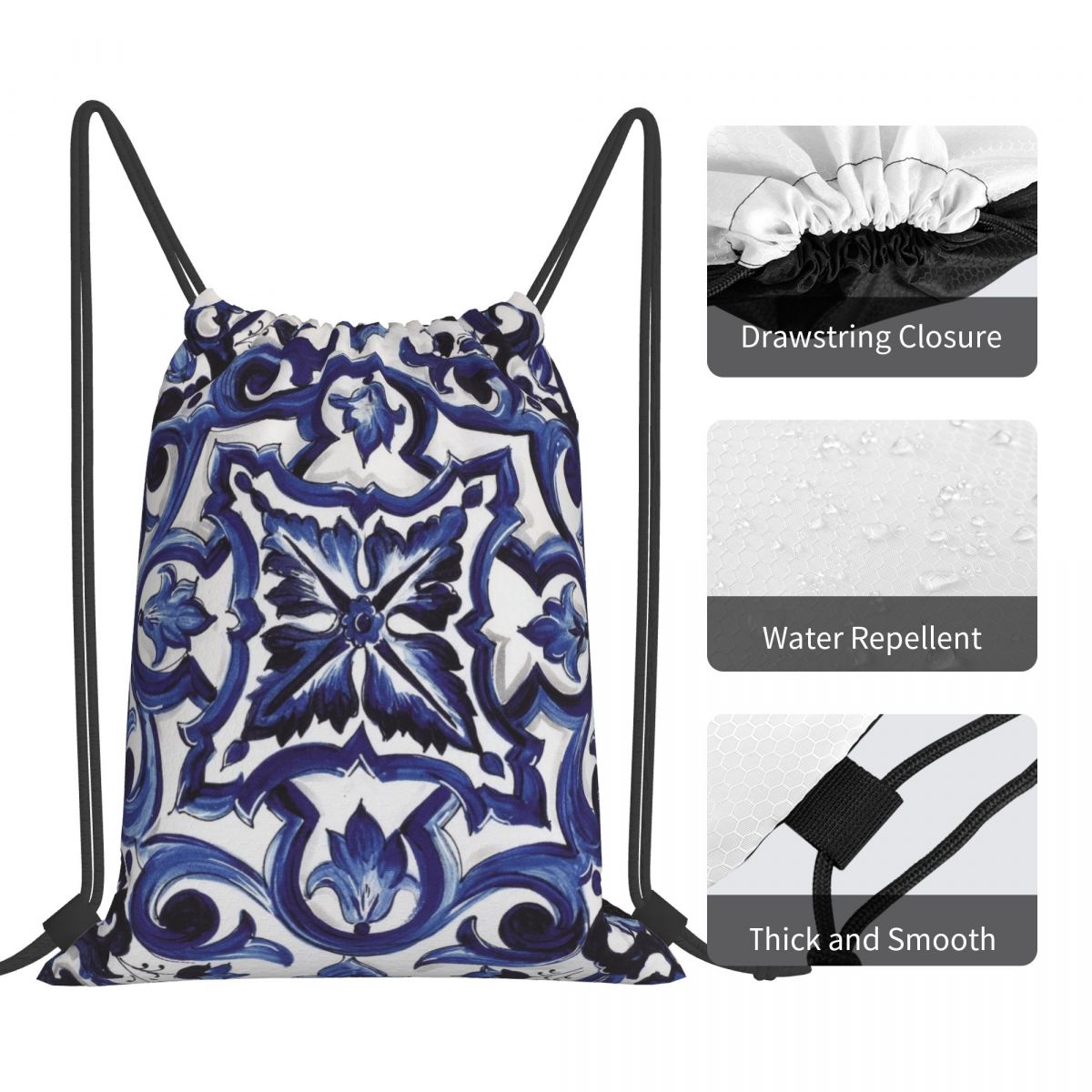 Mavi Süslü Çiçekli Akdeniz Sic - Tile Bag Drawstring incelemesi ve fiyatı