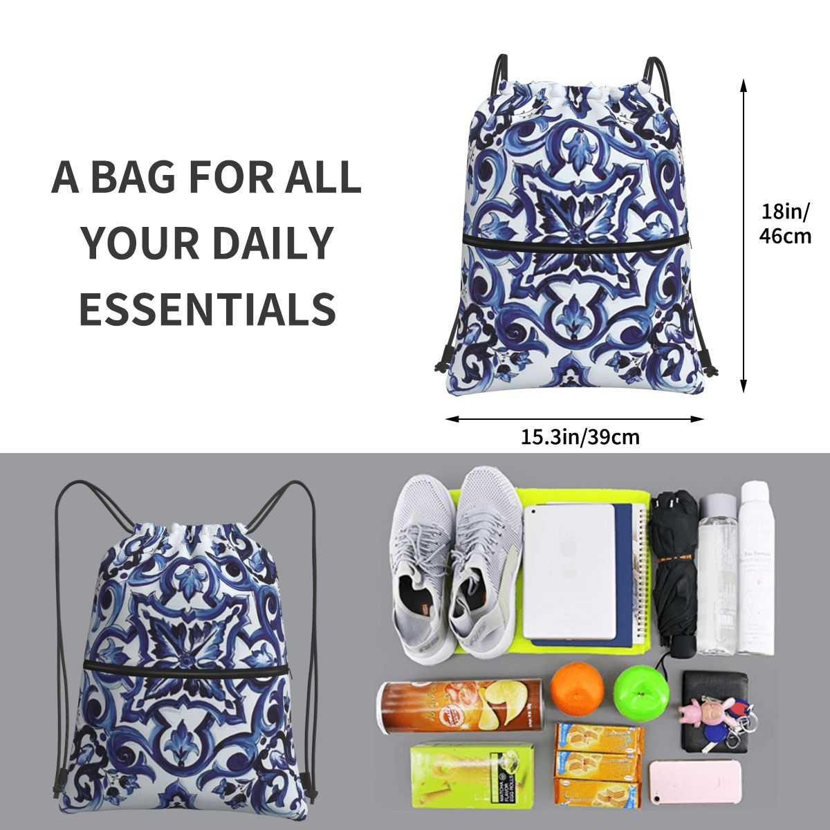 Mavi Süslü Çiçekli Akdeniz Sic - Tile Bag Drawstring incelemesi ve fiyatı