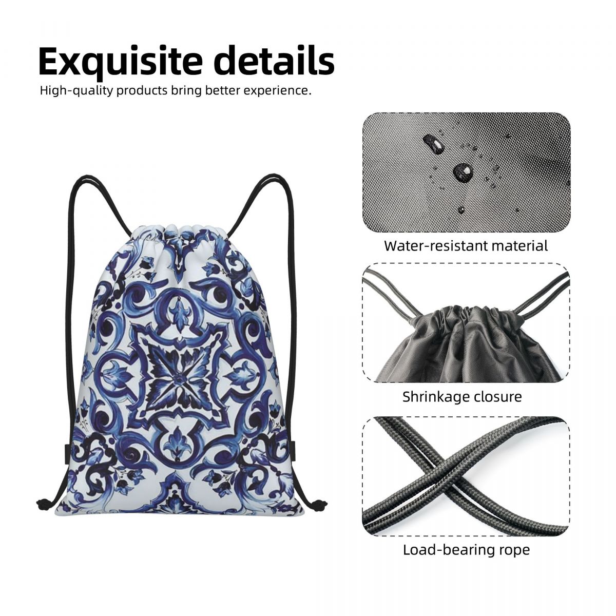 Mavi Süslü Çiçekli Akdeniz Sic - Tile Bag Drawstring incelemesi ve fiyatı