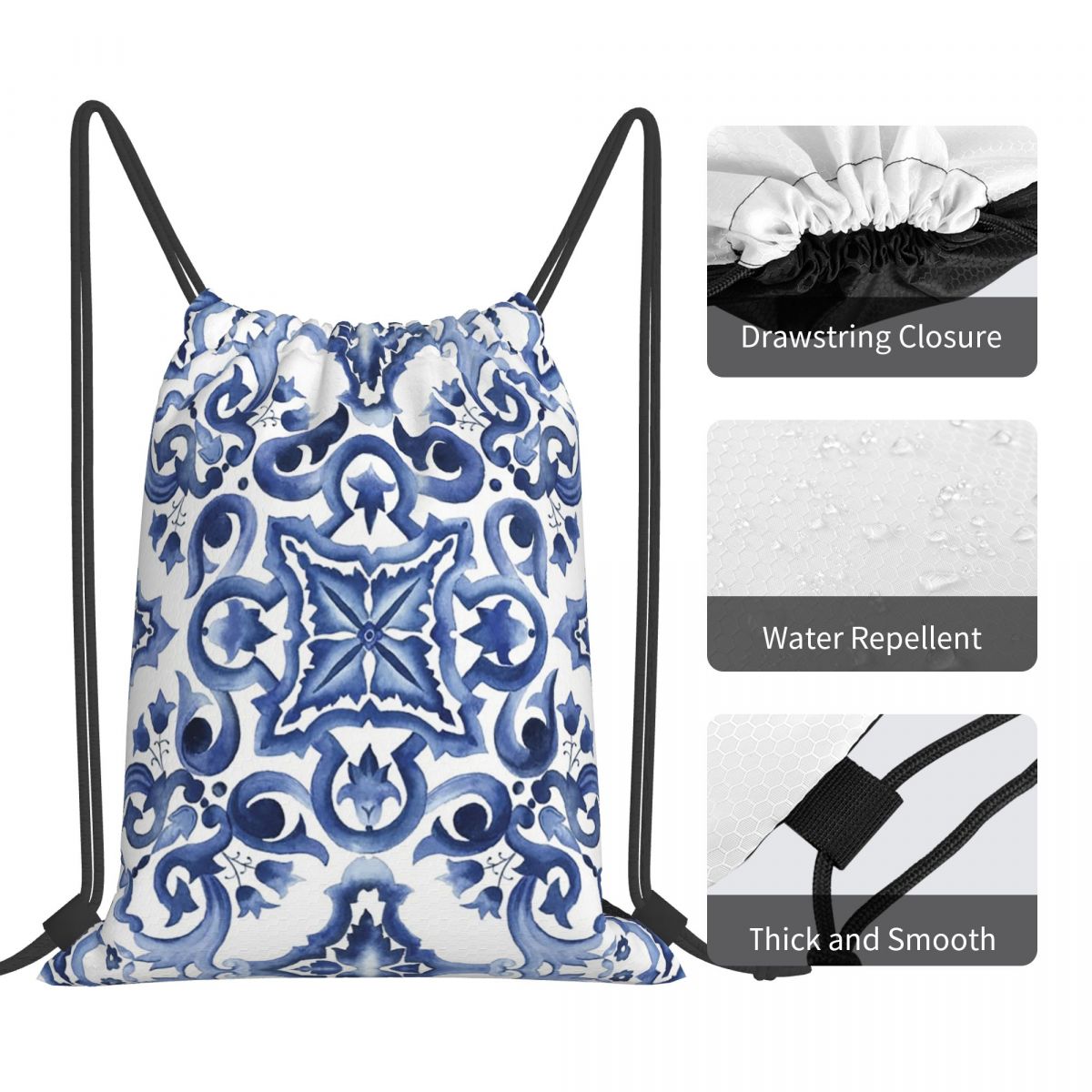 Mavi Süslü Çiçekli Akdeniz Sic - Tile Bag Drawstring incelemesi ve fiyatı
