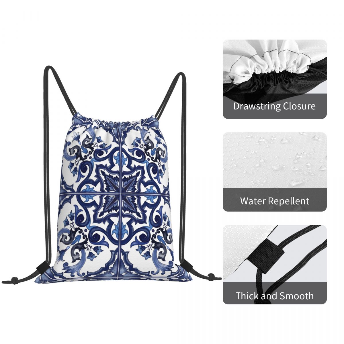 Mavi Süslü Çiçekli Akdeniz Sic - Tile Bag Drawstring incelemesi ve fiyatı
